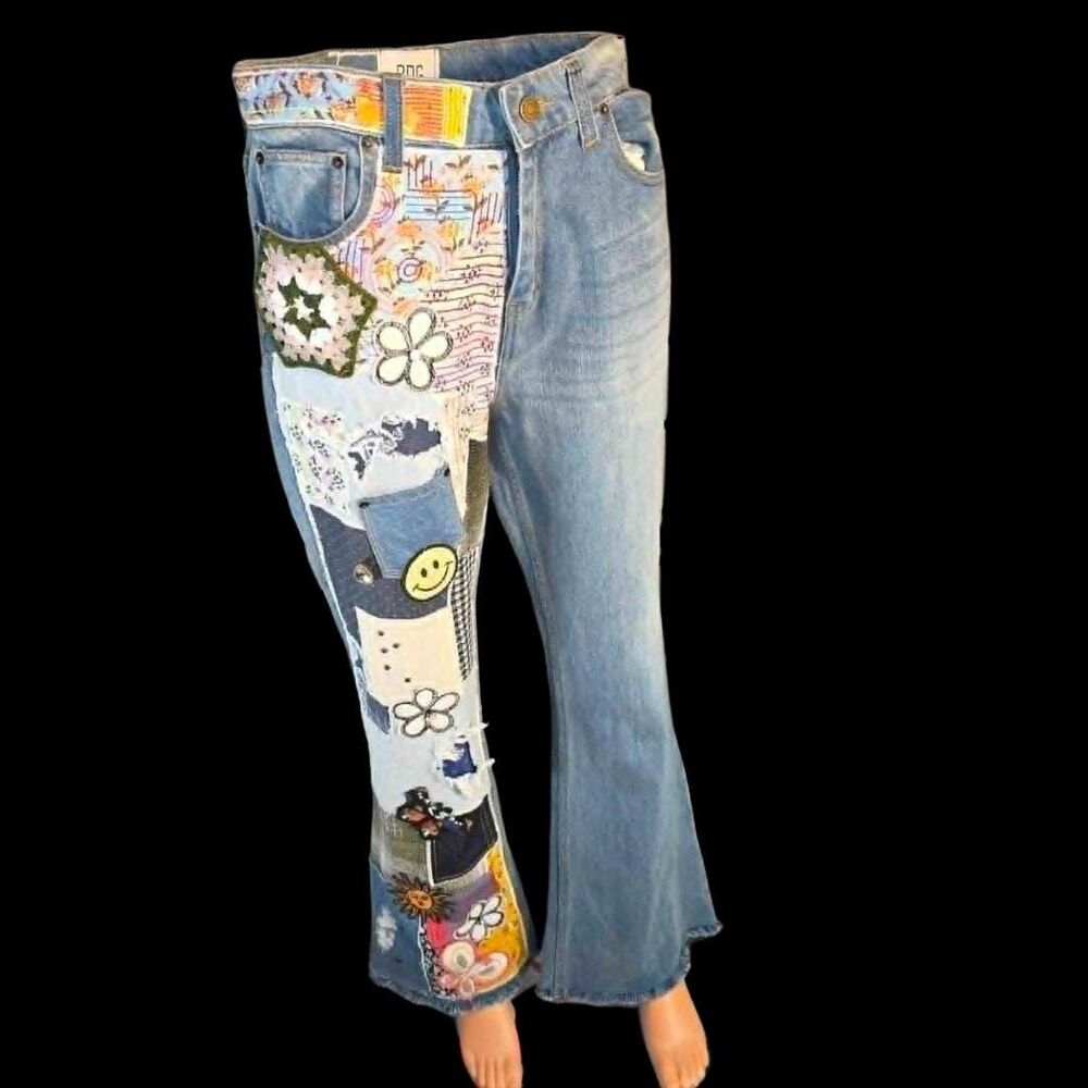 Upcycled BDG Custom Patchwork Flare Jeans Size 27 | Crochet Granny Square & Dais